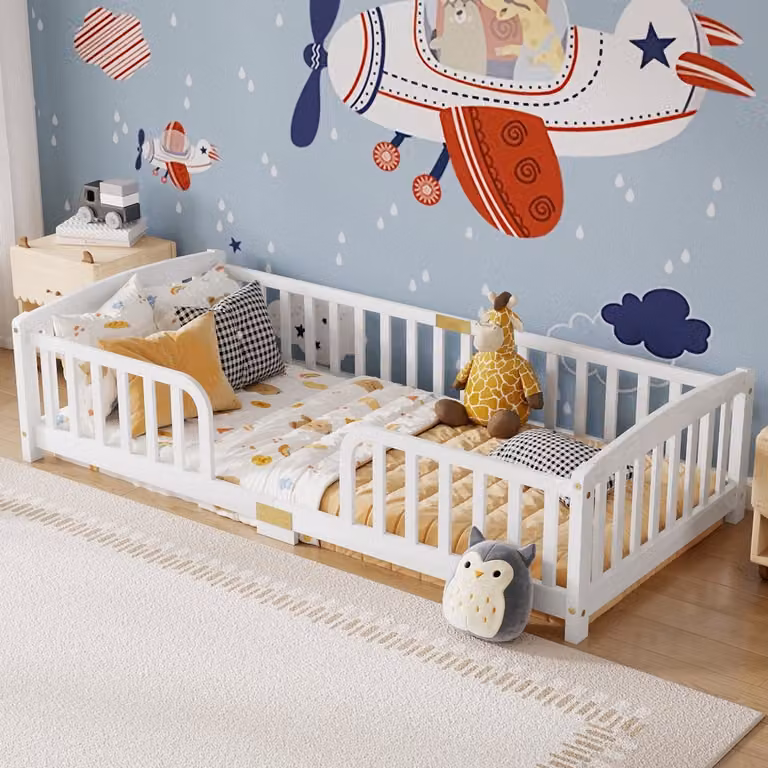 Sweiko Kinderbed met veiligheidshekjes en houten frame, Wit, B/D: 90 x 200 cm