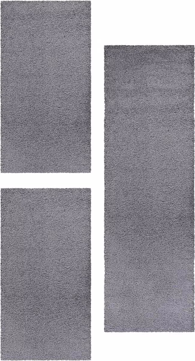 Set van 3 Shaggy Vloerkleed Runners in Grijs voor Slaapkamer of Woonkamer, Poolhoogte 30mm, Afmetingen: 2x 60 x 110 cm en 1x 100 x 200 cm