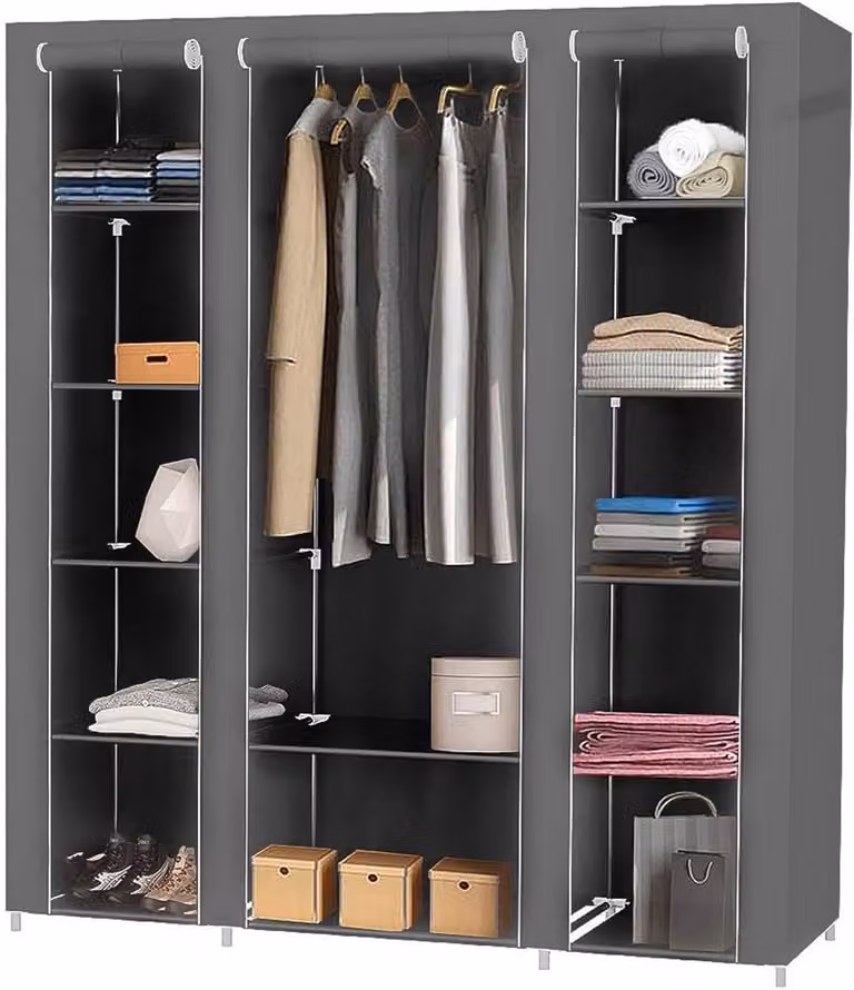 Opvouwbare kledingkast met kledingroede en textiel garderobe - Grijs - H 172 x B 134 x D 43 cm