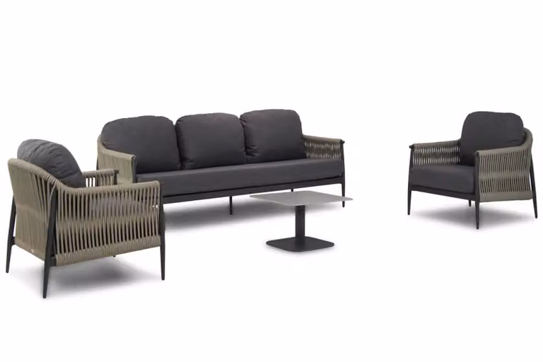 Coco 4-delige loungeset met loungefauteuil, 3-zitsbank, salontafel en kussens, grijs rattan