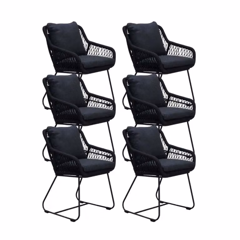 Portofino dining tuinstoel set van 6 met touw en RVS in zwart