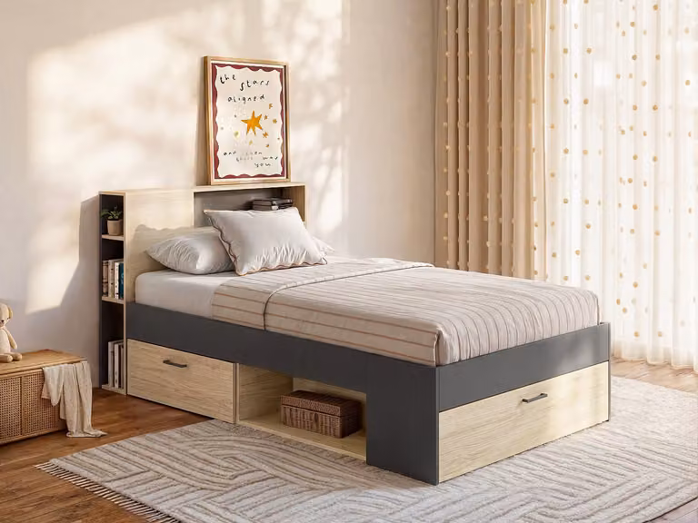 LEANDRE Bed met lades en opbergruimte, inclusief bedbodem en matras, Anthraciet, Wit, Zwart - B: 90 cm, L: 190 cm