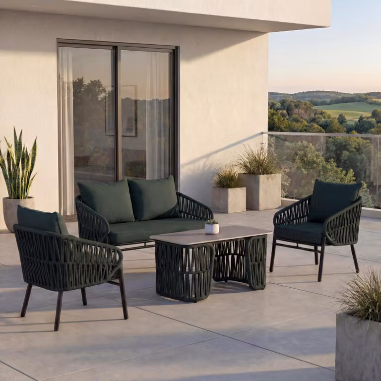 Mendler Tuinset HWC-P90 loungeset met sofa, fauteuil en tafel, groen met afneembare hoezen en losse rugkussens