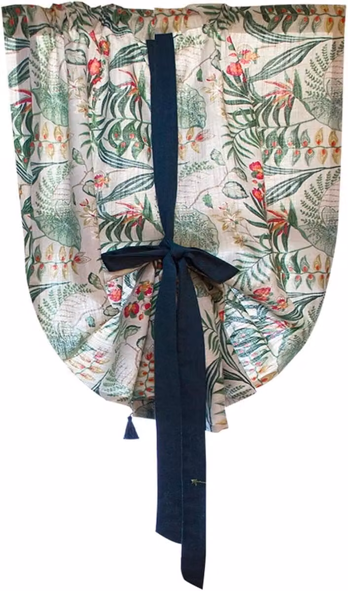 Kort gordijn met botanisch bladmotief voor keuken decoratie, semi-transparant, B: 80 cm, H: 160 cm