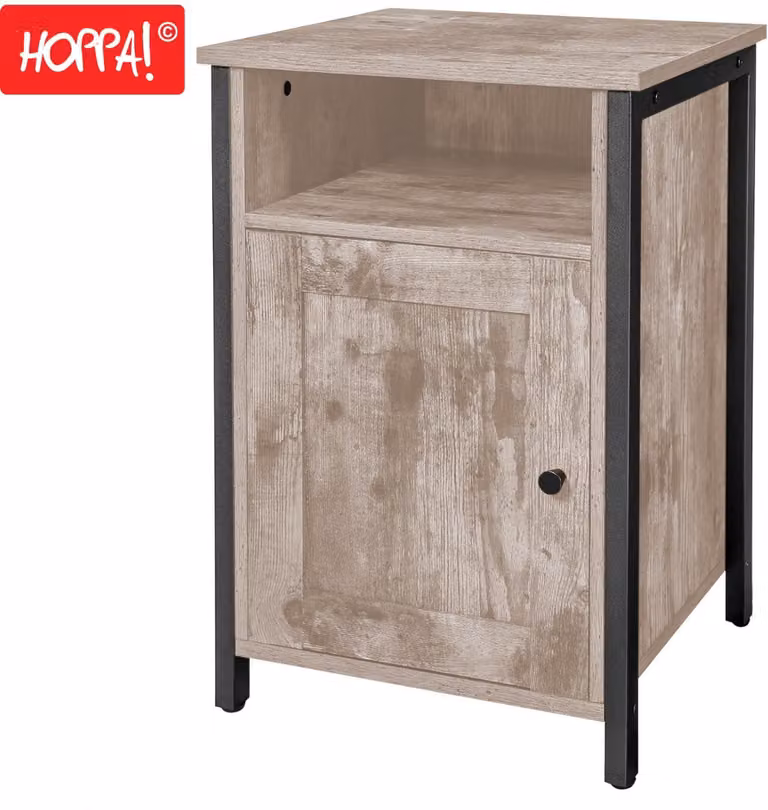Hoppa! Nachtkastje met open vak, plankje en deurtje – Greige – B: 41 cm, D: 41 cm, H: 61 cm