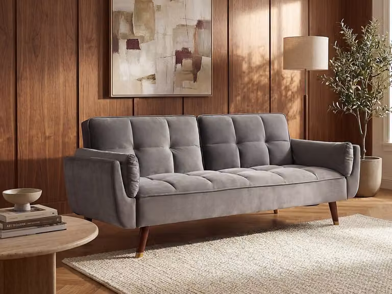 GULCAN Driezitsslaapbank in grijs velours met verstelbare rugleuning en click-clack functie, B/D/H: 211 x 103 x 82 cm