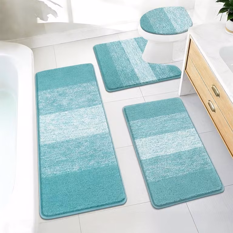 4-delige badmatset van hoogpolig microvezel met WC-dekselcover in blauwgroen, B/D/H: 45,7 x 66 cm, 45,7 x 122 cm, 50,8 x 61 cm en 48,3 x 53,3 cm