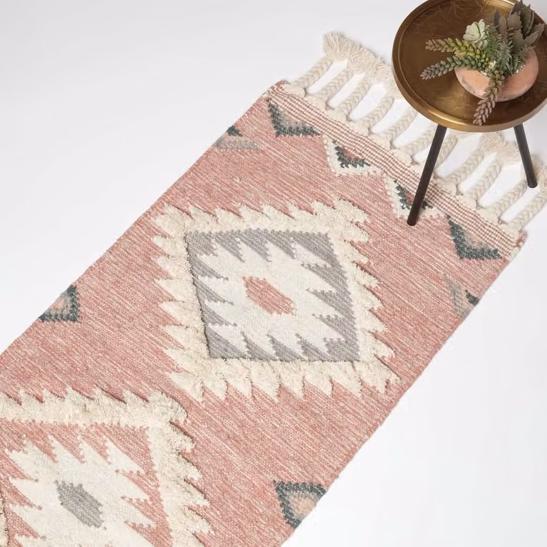 Homescapes Handgeweven Kelim Runner Pali - Roze-grijs patroon - 66 x 200 cm