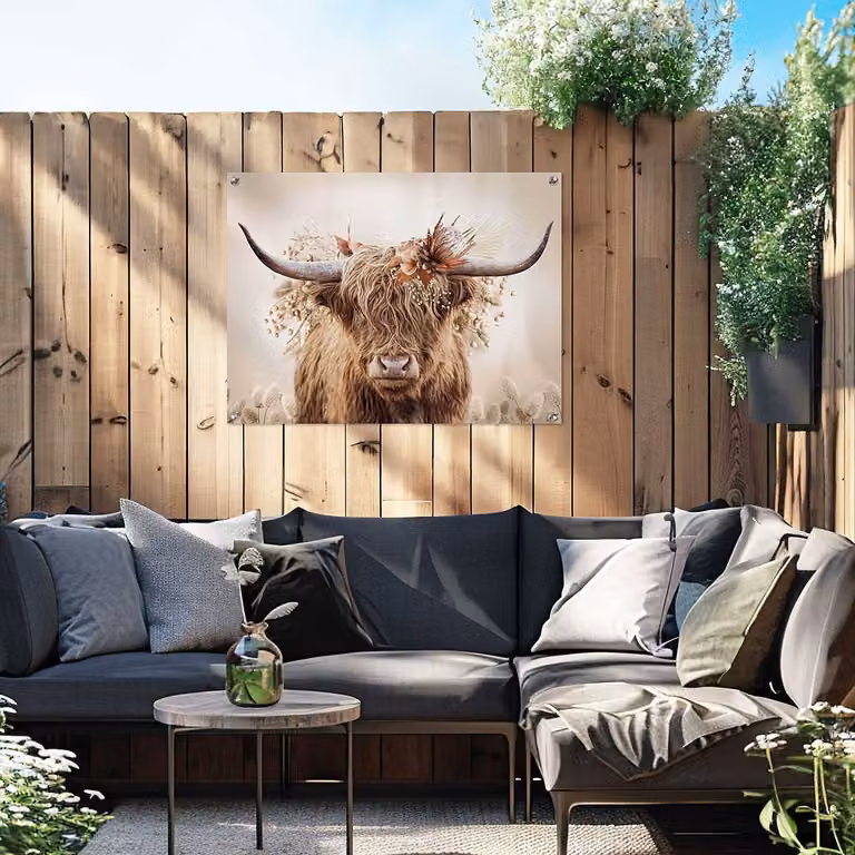 home24 Outdoor-poster Highlander met bloemenmotief in beige PVC, 60 x 80 cm
