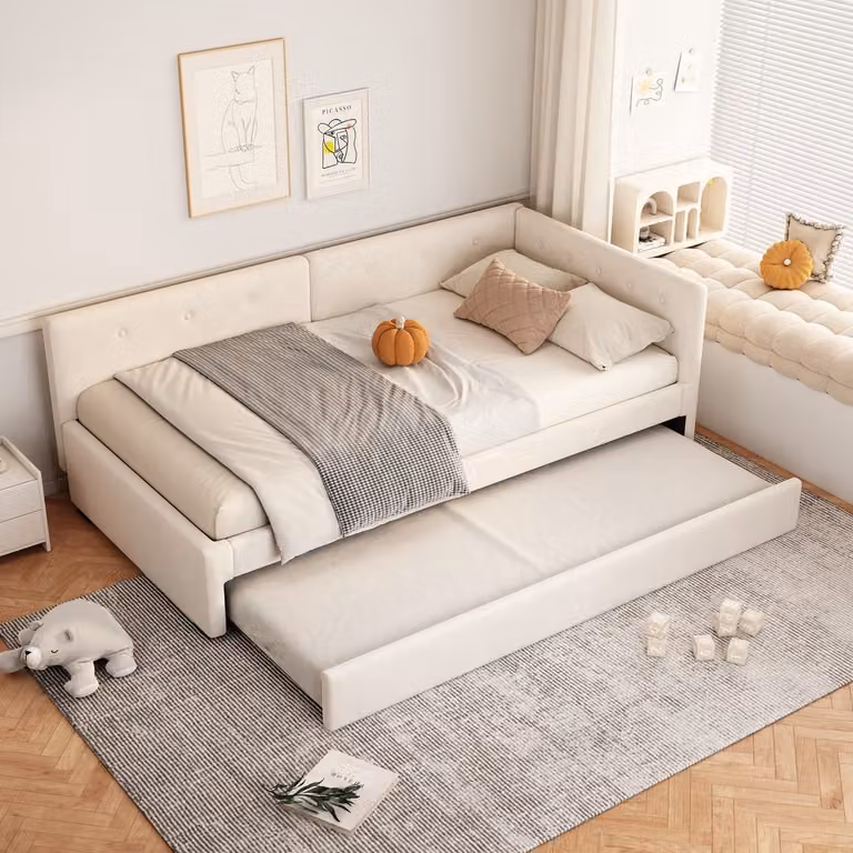 HAUSS SPOLE Gestoffeerd Eenpersoonsbed met Uitschuifbaar Rolbed en Lattenbodem - Beige Fluweel - B/D: 90 x 200 cm