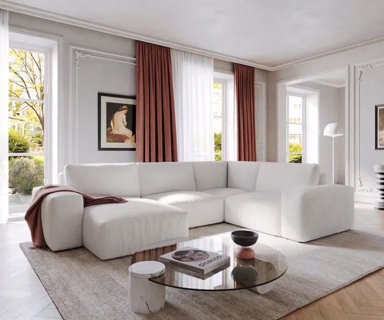 DELIFE Lanzo hoekbank met variabele recamière, bouclé crème-wit, B: 303 cm, D: 210 cm, H: 70 cm