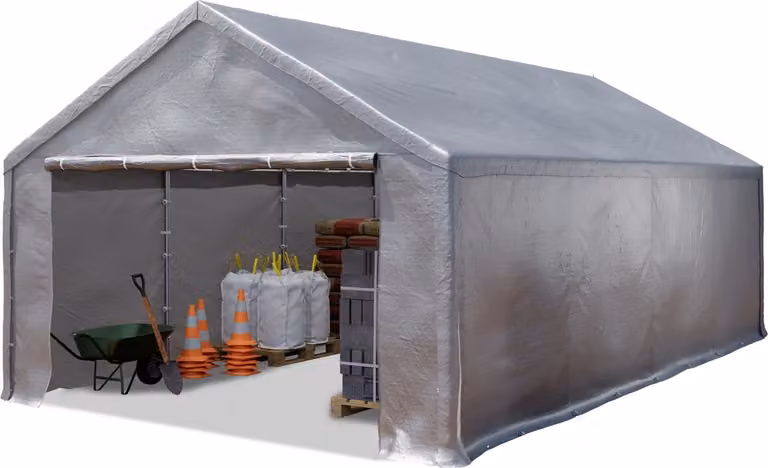 Opslagtent 5x10 m met waterdicht grijs PE zeil en 350 N sterkte