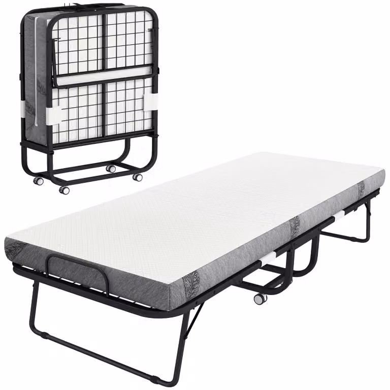 HOMCOM Opklapbaar eenpersoonsbed met wielen en kussen, wit en zwart, L 200 x B 75 x H 42,5 cm