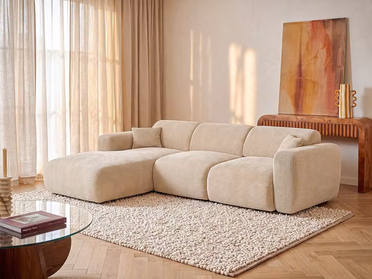 Maison Céphy POGNI Grote hoekslaapbank links, beige fijn ribfluweel, B/D/H: 220 x 180 x 77 cm