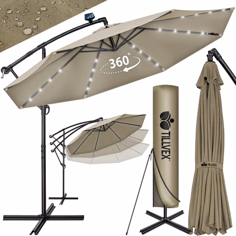 Tillvex Zweefparasol Aluminium met LED Solar Ø 350 cm inclusief Zwengel, Hoes en Windbescherming