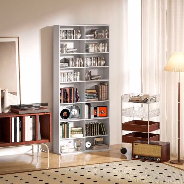 Wit Mediaopslag Kast met 14 Verstelbare Planken voor CD, DVD en Blu-ray, B/D/H: 78,5 x 24 x 175 cm