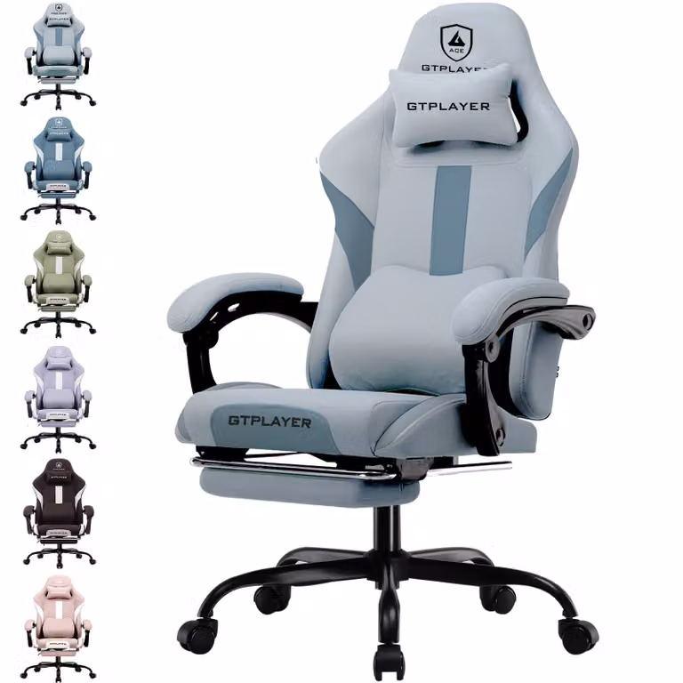 GTPLAYER Gaming stoel, ergonomische fauteuil met stoffen bekleding en voetsteun, grijs