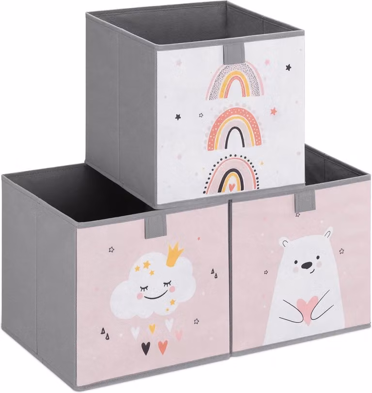 Set van 3 opvouwbare textiele opbergmanden voor kinderen met handvatten en vrolijke motieven, B/D/H: 28 x 28 x 28 cm