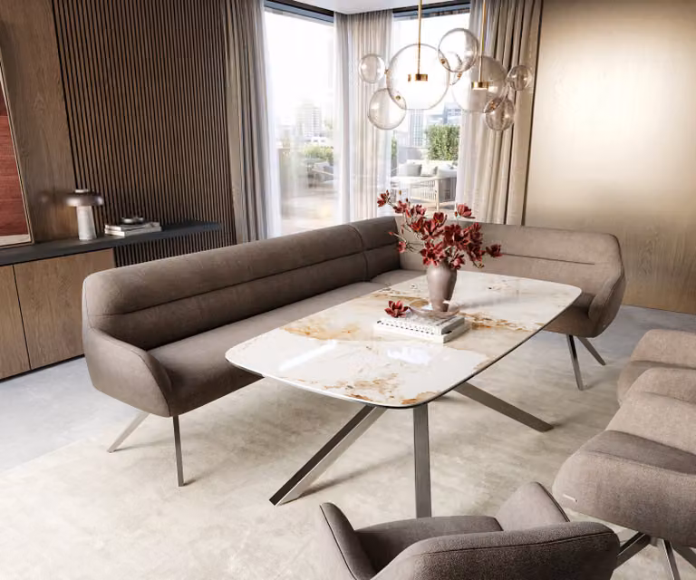 DELIFE Eetkamerbank Taya-Flex L-vormig, Beige, B/D/H: 282 x 190 x 87 cm