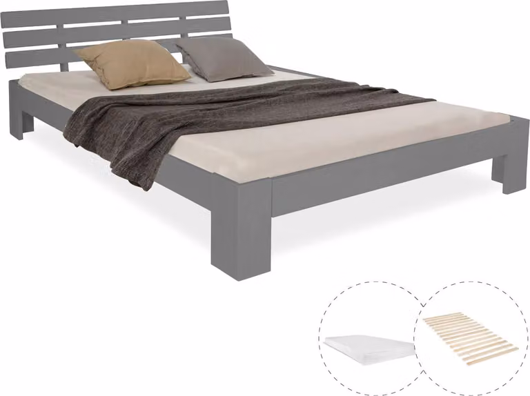 Homestyle4u Tweepersoonsbed met matras en lattenbodem van massief dennenhout, Grijs, B/D: 140 x 200 cm