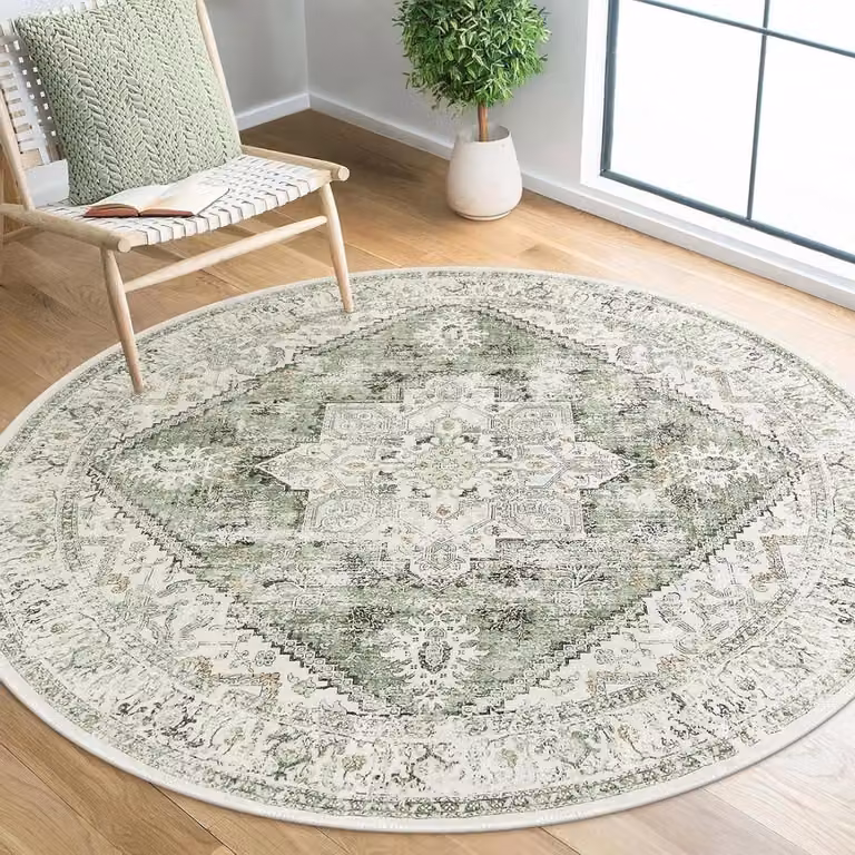 Rond Vloerkleed met Oosters Bloemenpatroon - Groen - ø 120 cm