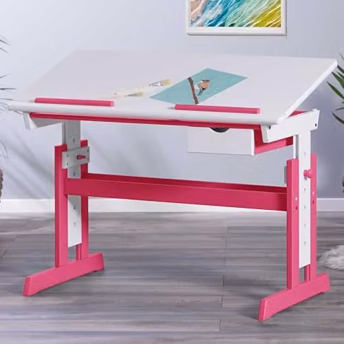 Inter Link In hoogte verstelbaar kinderbureau met kantelblad en boekenhouder in wit met roze applicaties