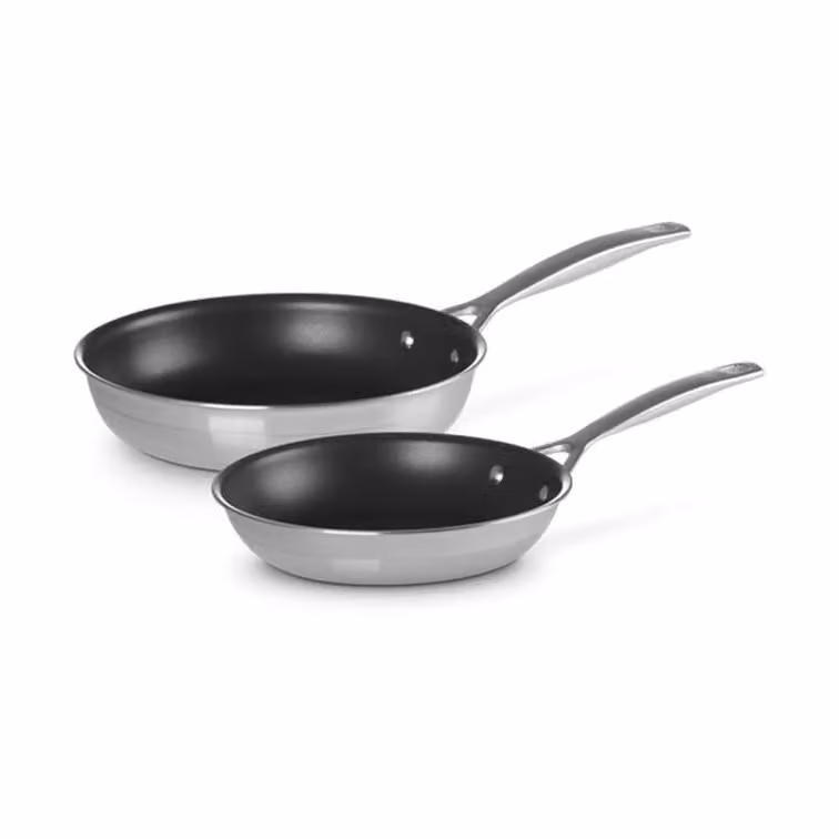 Le Creuset koekenpannenset van roestvrij staal met antiaanbaklaag, 2 stuks, diameter 20 cm en 24 cm, zilver