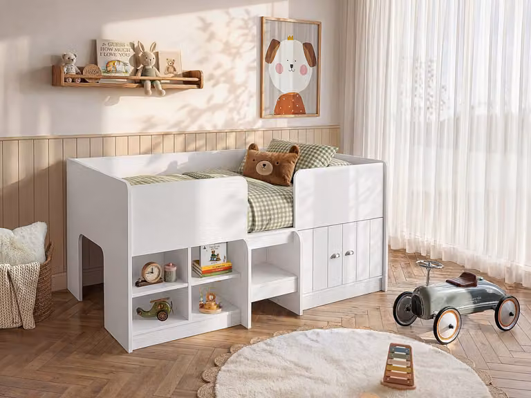 BOUTANIO Halve hoogsloper met opbergruimte en matras, Wit, 90 x 190 cm