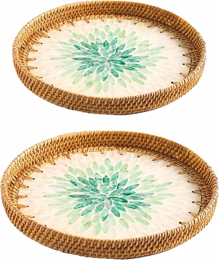 Handgemaakt Rotan Dienblad met Schelpen - Decoratieve Fruitschaal en Serveerschaal - Cyaan - Breedte: 35 cm en 30 cm