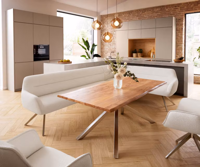 DELIFE Eetkamerbank Taya-Flex L-vormig, Bouclé wit met zilverkleurig metalen frame, Breedte: 282 cm, Diepte: 190 cm, Hoogte: 87 cm