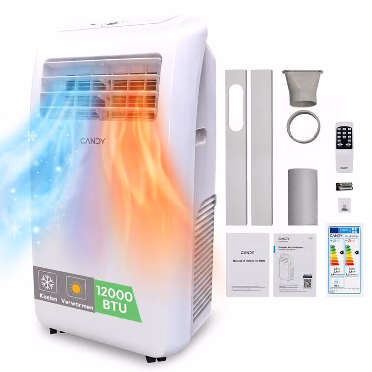 Candy mobiele airconditioner 12000 BTU, 4-in-1 slimme AC-unit voor ruimtes tot 35 m2, koelen en verwarmen, energieklasse A+
