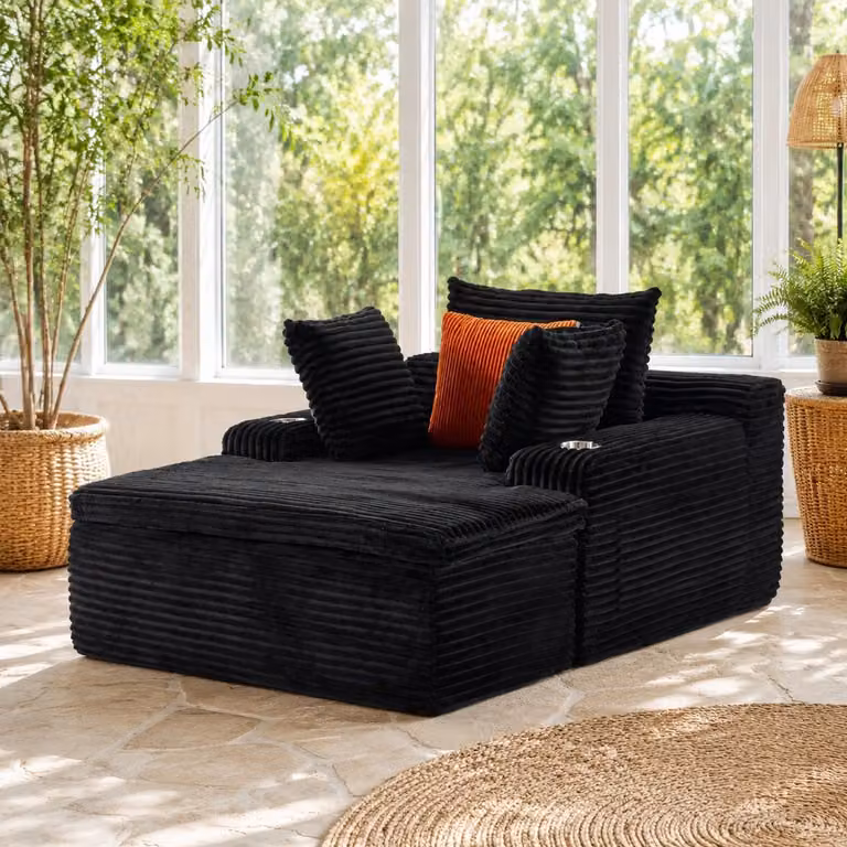 REDOM Slaapbank 1-zits chaise longue met 3 kussens en cup holder - Corduroy - Zwart - B/D/H: 165 x 112 x 63 cm