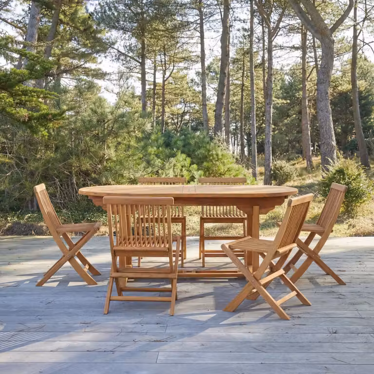 Tikamoon Capri massief acaciahouten tuinset met 6 stoelen en uitbreidbare ovale tafel - Bruin