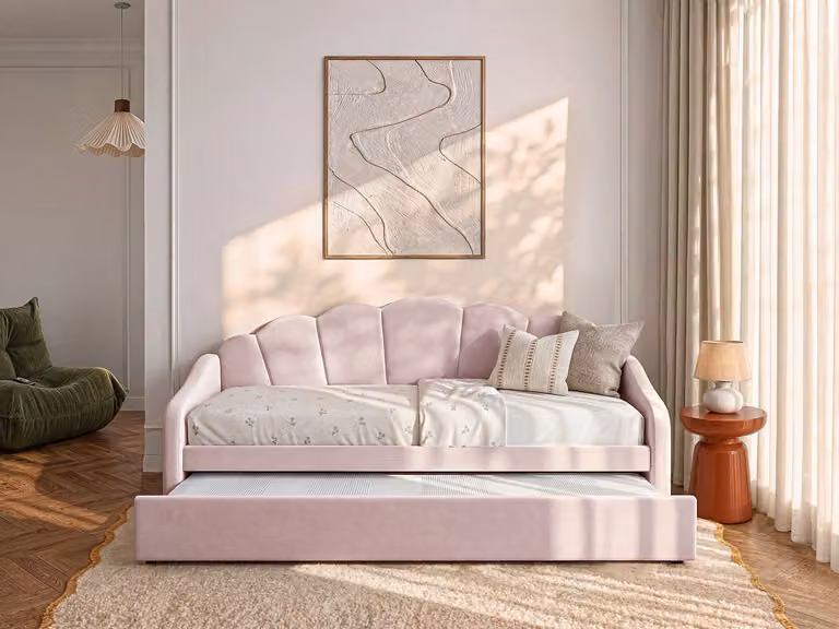 ELUSIA Uitschuifbaar bed voor kinderen, Velours, Roze, B/D/H: 180 x 90 x 116,5 cm
