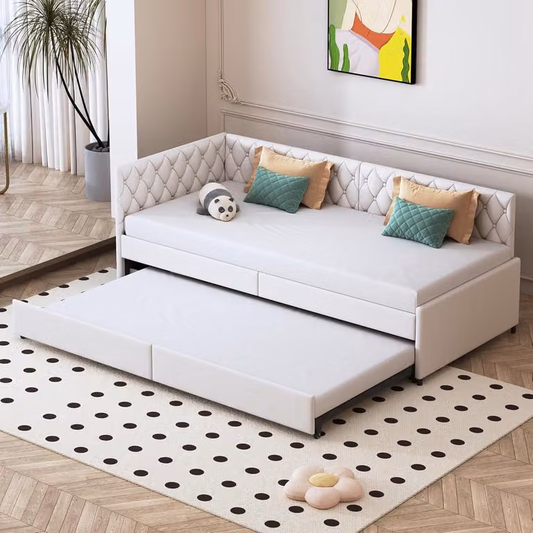 Slaapbank Beige Fluweel - Uitschuifbaar Logeerbed met Lattenbodem - B/D/H: 90 x 200 cm