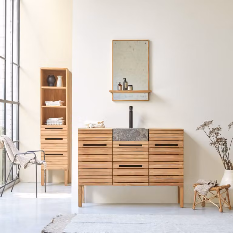 Tikamoon Badkamermeubel Slats met Marmeren Blad en Teak - Bruin - B: 122 cm, D: 41 cm, H: 76 cm