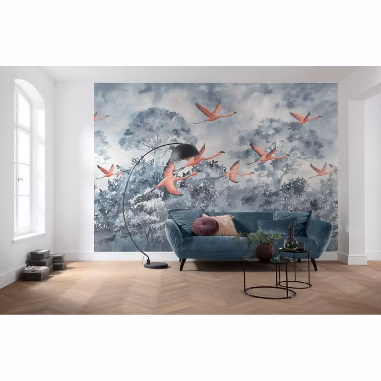 home24 Vlies-fotobehang Flamingos in the Sky, Multicolor en Blau, B: 400 cm, H: 280 cm