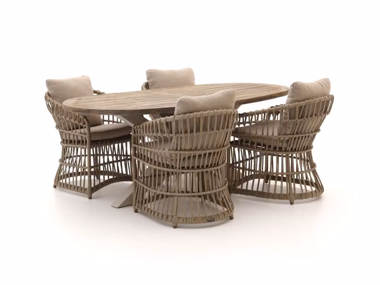 Intenso Furniture Diningset voor 4 personen, Teakhout met Beige Rattan, Ovale Tuinset