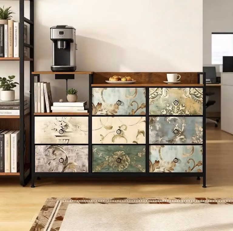 DESMIU Opbergkast Vintage met 8 Lades en Laadstation - Hout en Metaal - Multicolor - B: 132 cm, D: 29 cm, H: 88 cm