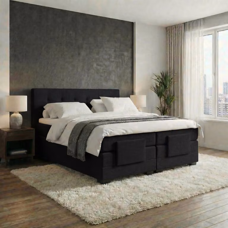 Mörgenn Elektrische Boxspring LUXA met Luxe Splittopper en Pocketvering - Zwart Lederlook - B/D/H: 160 x 210 cm