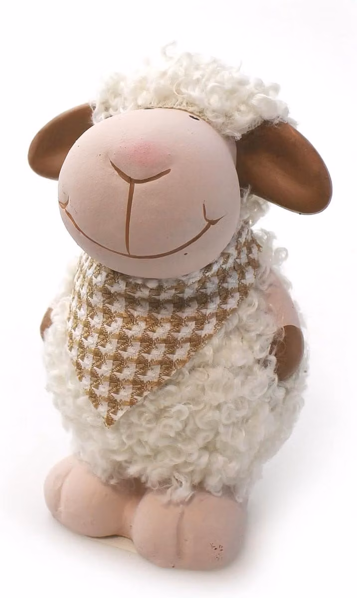Decoratief klei lammetje met witte vacht voor Pasen en de lente, Hoogte: 13 cm
