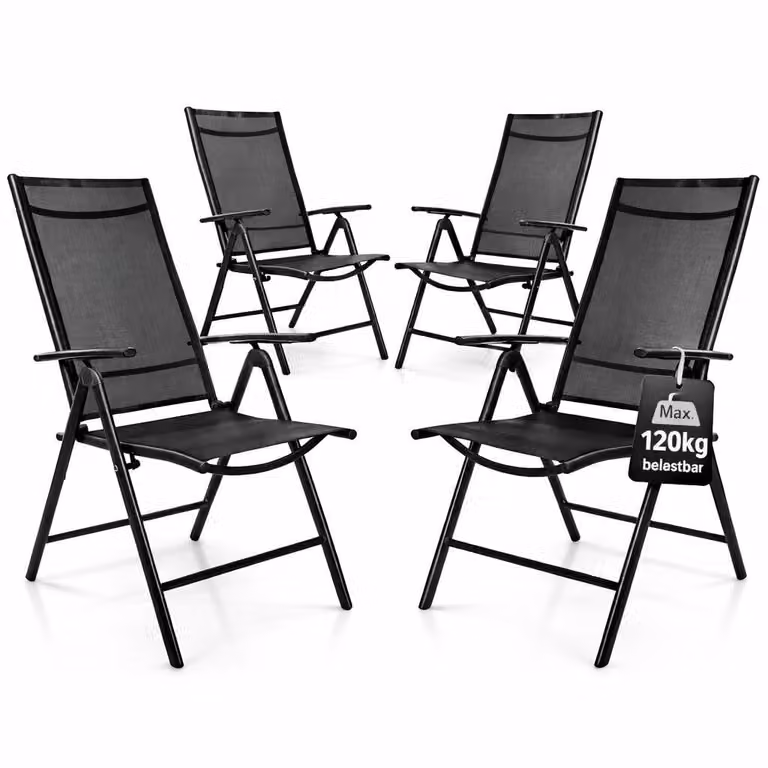 BigDean set van 4 inklapbare tuinstoelen met hoge rugleuning, donkergrijs/zwart, 7-voudig verstelbaar