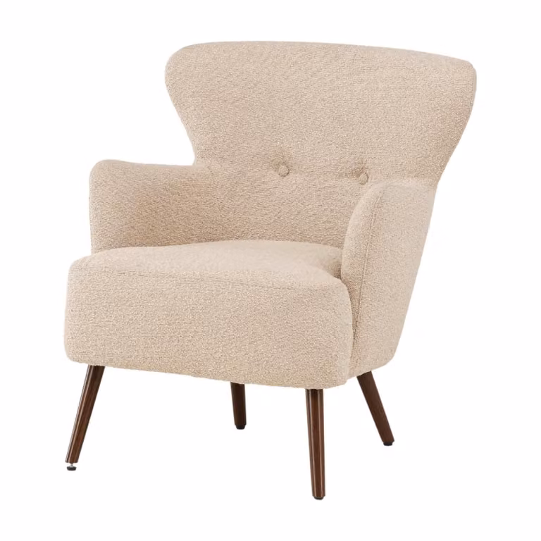 Nest of Nora Fauteuil bouclé loungestoel met walnootkleurige poten - Beige
