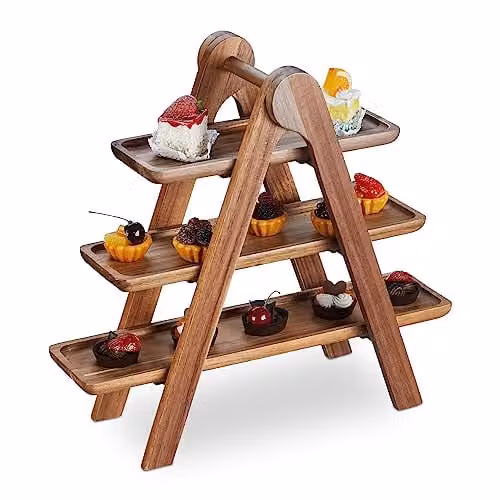 Relaxdays etagère van acaciahout, 3 lagen, bruin, H x B x D: 38 x 41 x 15 cm