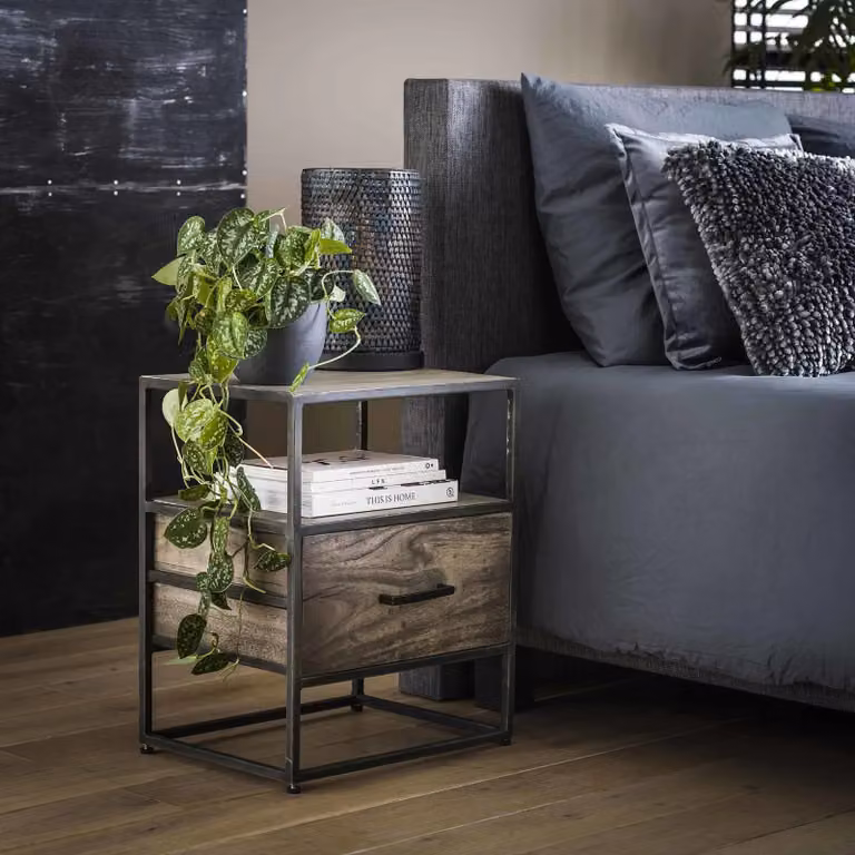 WoonStijl Nachtkastje Turf van Acaciahout en Metaal - Limed - B: 35 cm, D: 45 cm, H: 55 cm