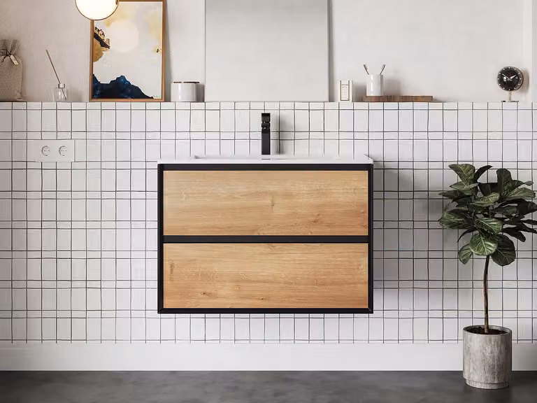 LANNICK Zwevend badkamermeubel met keramische wastafel - Licht naturel en zwart - Breedte: 80 cm
