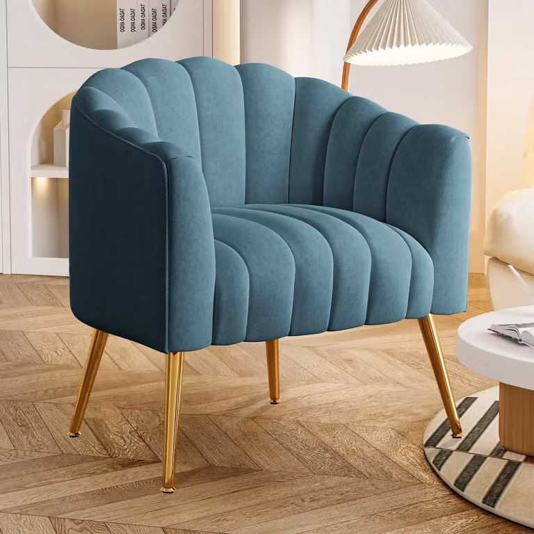 SEYNAR Luxe Pumpkin Fauteuil - Blauwe Fluwelen Enkelstoel met Metalen Poten - B/D/H: 71 x 69 x 69 cm
