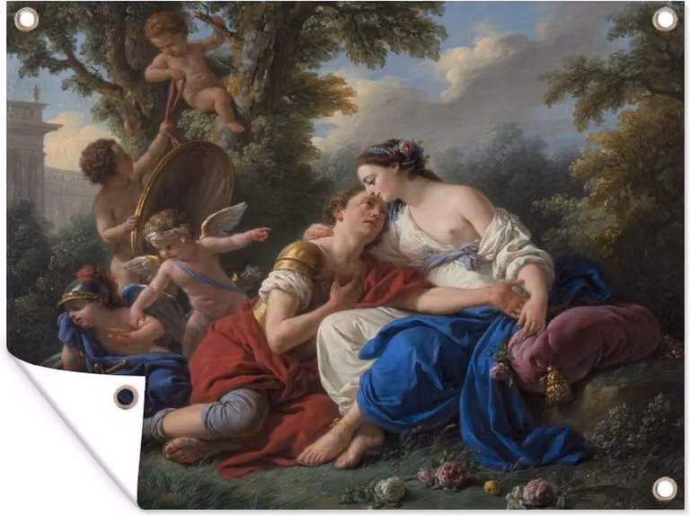 Tuindecoratie Renaud en Armide - Schilderij van Louis Jean François Lagrenée - Tuinposter voor buiten - Breedte: 120 cm, Hoogte: 90 cm