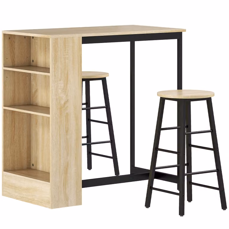 HOMCOM 3-delige barset met bartafel en 2 barstoelen, industrieel ontwerp met 3 opbergschappen en voetsteunen, eik en zwart