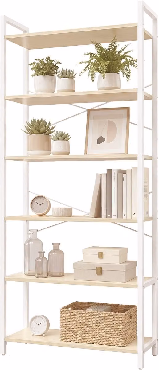 VASAGLE Boekenkast met 6 niveaus en open vakken, Beige-Wit, B: 30 cm, D: 64 cm, H: 185,5 cm